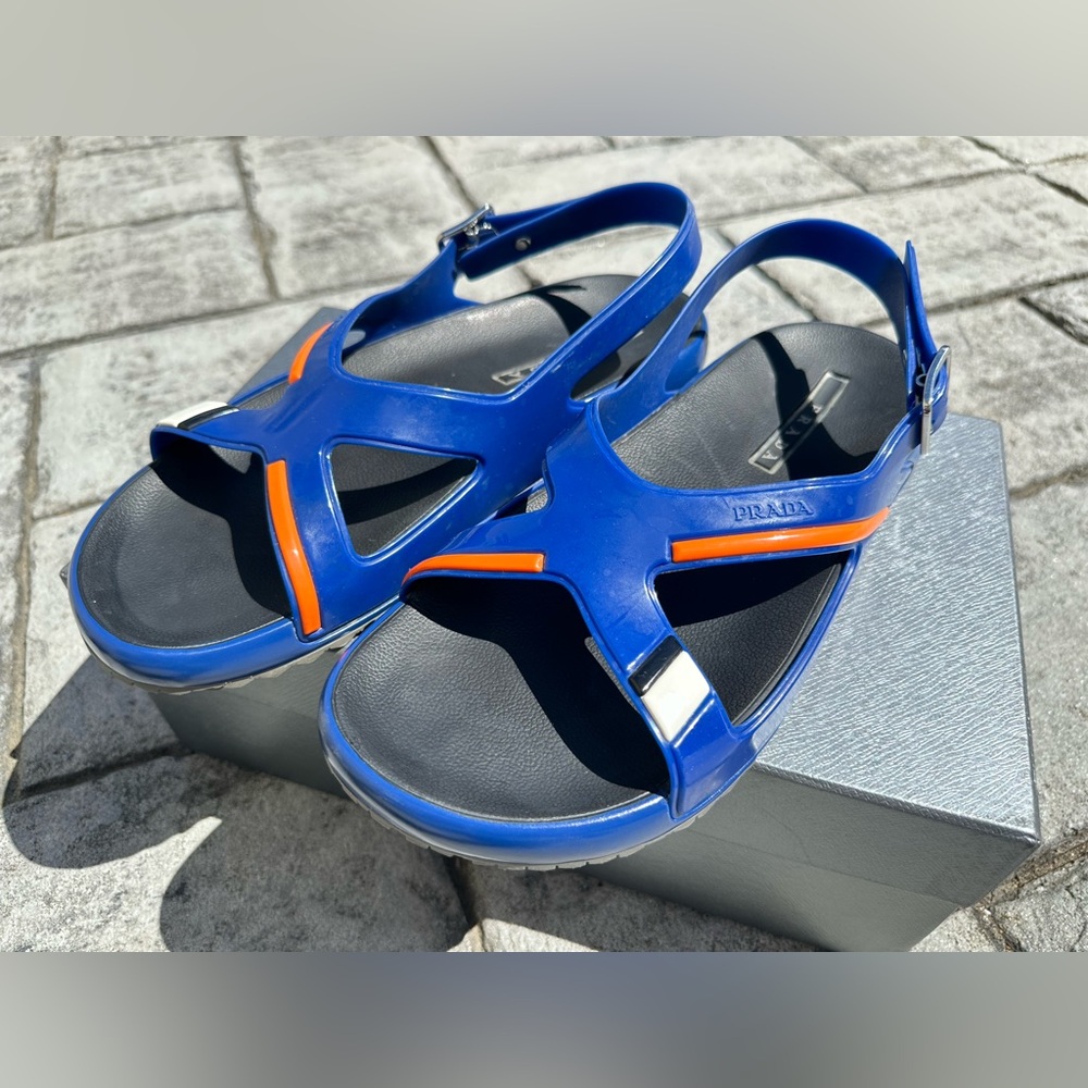 PRADA #1 Cross Strap Rubber Sandals Blue Size 9